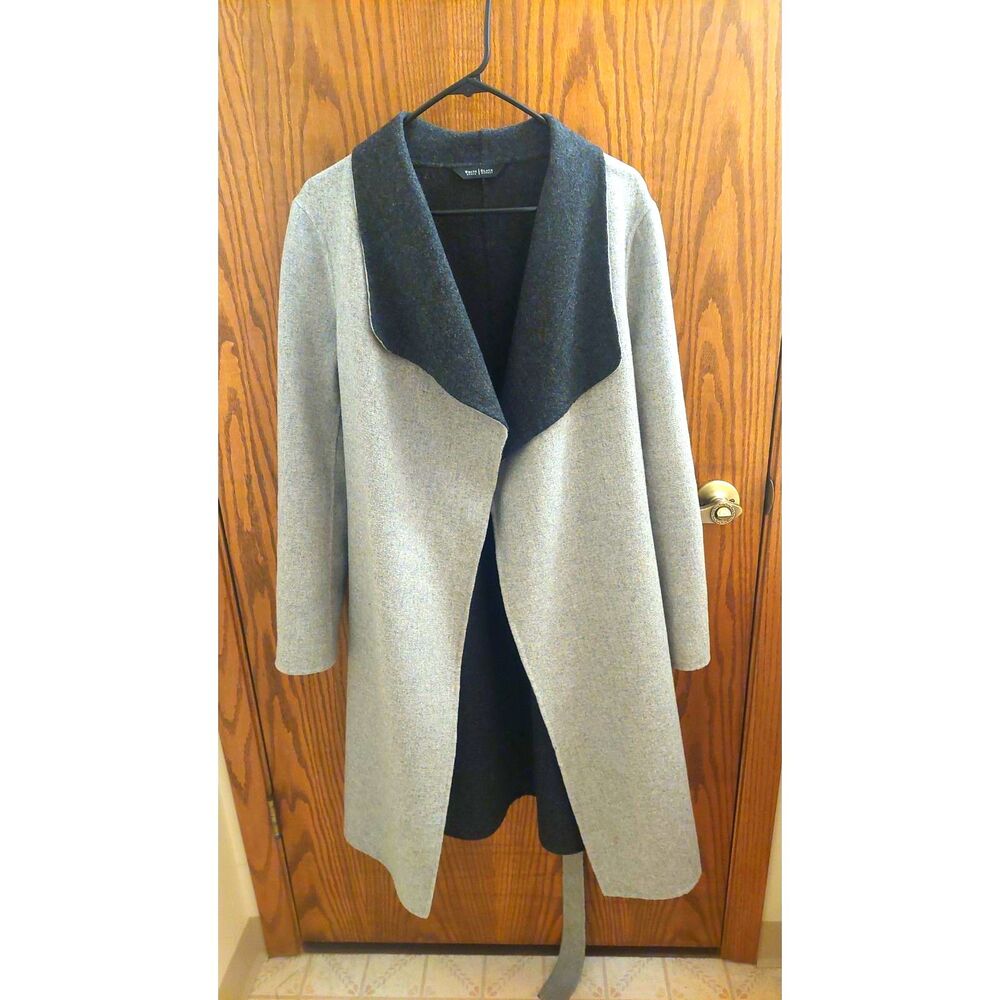 White House Black Market Wool Blend Wrap Coat Gray Black Belted Medium